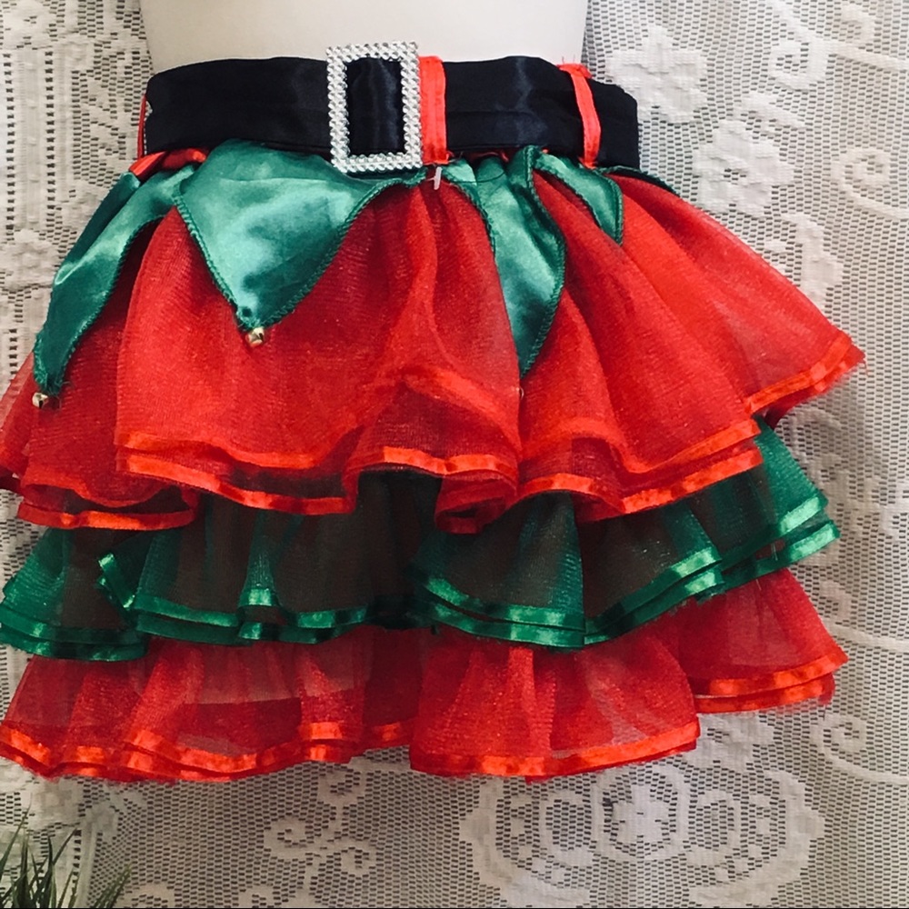 Girls Christmas Elf Tiered Tulle Skirt green and red - Picture 5 of 7